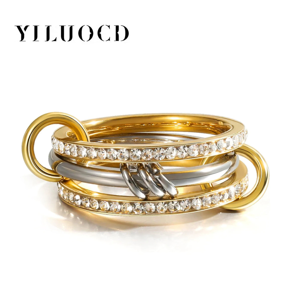 New Stainless Steel Cubic Zirconia Stackable Rings for Women 18k GoldPlating Multi-Link Connected Statement Ring Stack Jewelry