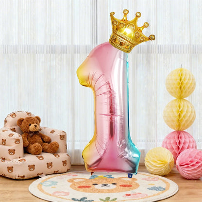 32Inch Gradient Number Crown Balloons 1-9 Digit Foil Helium Balloon Baby Shower Kids And Children's Birthday Party Decoration