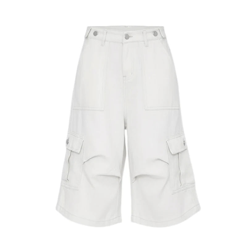 PBAP White Cargo Jean Shorts Women Big Pockets Casual Wide Leg Pleats Adjust Waist Baggy Bermuda Pants Hiphop Vintage Streetwear