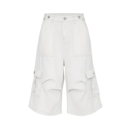 PBAP White Cargo Jean Shorts Women Big Pockets Casual Wide Leg Pleats Adjust Waist Baggy Bermuda Pants Hiphop Vintage Streetwear