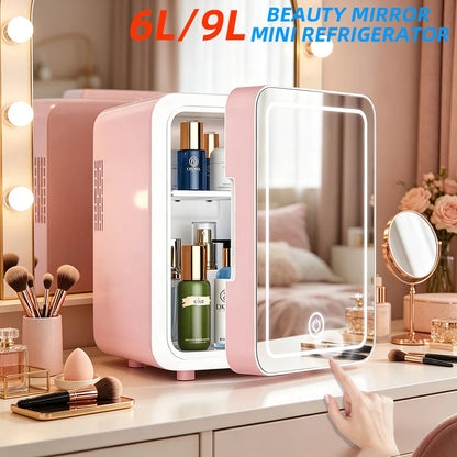 6L/9L LED Mirror Mini Fridge With Light 12V 240V Portable Cosmetic Refrigerator Cooler Warmer for Car Home Makeup Skincare