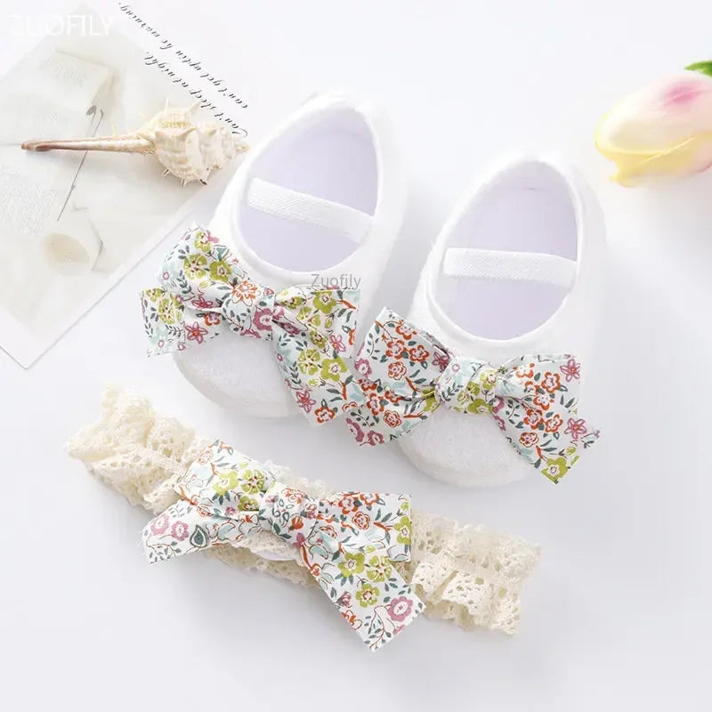 Spring Infant Baby Girl Shoes Newborn Lace Flowers Headband Anti-Slip Soft Sole First Walkers Toddler Kids Cotton Baptism Shoes