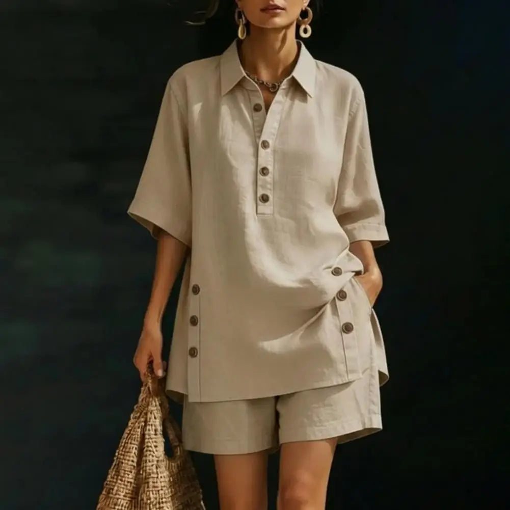 Cotton Linen Set for Women Button Short Sleeve Shirt And Wide Leg Shorts 2 Piece Outfit Summer Casual Beach Lounge Sets