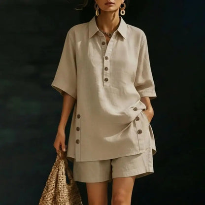 Cotton Linen Set for Women Button Short Sleeve Shirt And Wide Leg Shorts 2 Piece Outfit Summer Casual Beach Lounge Sets