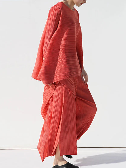 Miyake Pleated Women Two Piece Sets 2023 Summer Long Sleeve T-shirt Tops Ladies Loose Pants Original Designer Causal Clothes