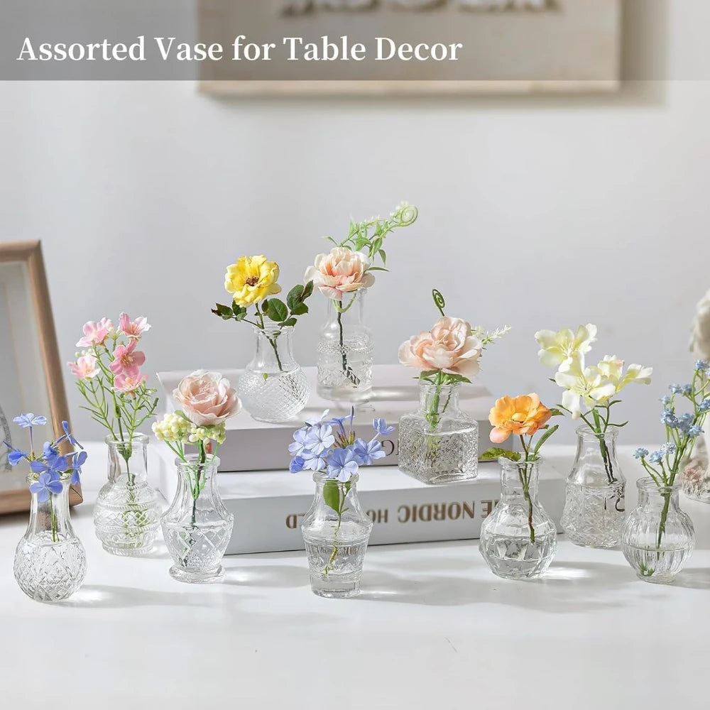 10/20Pcs Mini Glass Vase Modern Clear Hydroponic Flower Vase Retro Relief European Home Desktop Scene Wedding Party Decoration