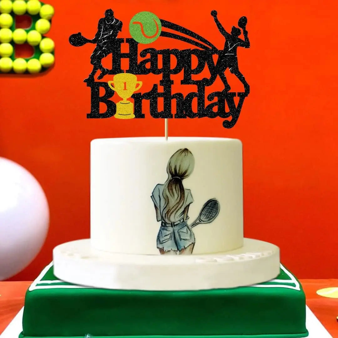 Tennis Ball Cake Topper Happy Birthday Sports Themed Trophy Tennis Match Cupcake Topper Dessert Decoration Baking Supplies Diy