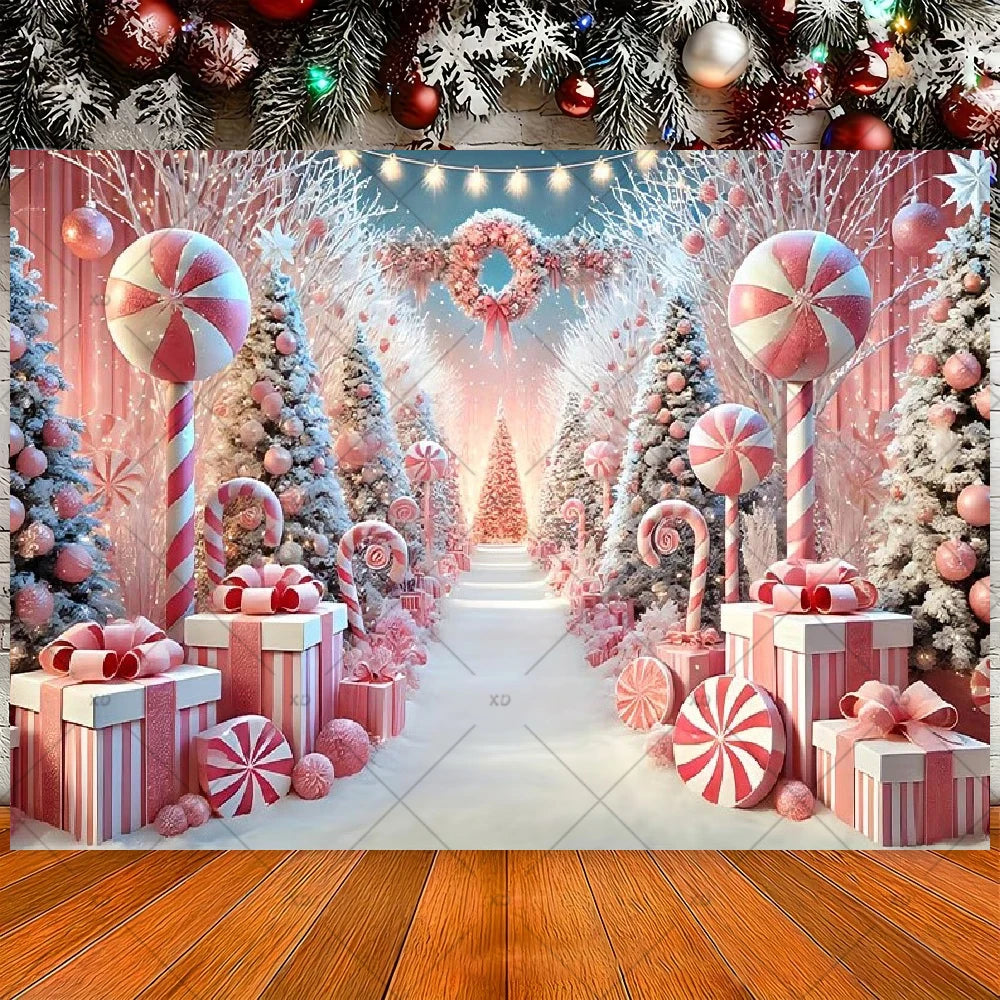 Winter Christmas Candy Vine Arch Theme Banner Background, Children's Birthday Party, Home Decoration Photography Backdrop Cloth