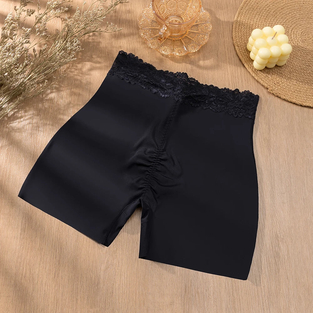 Giczi New Women's Lace Trim Panties Satin Seamless Safety Shorts Anti-Exposure Underwear Tummy Control Shaping Breathable Boxers