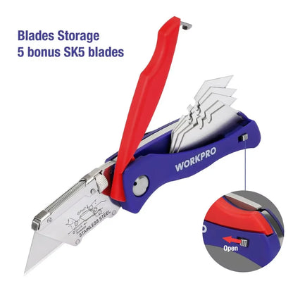 WORKPRO Folding Knife 15 Blades Heavy Duty Stainless Steel Utility Cutter - Electrician Outdoor & General Purpose Hand Tool