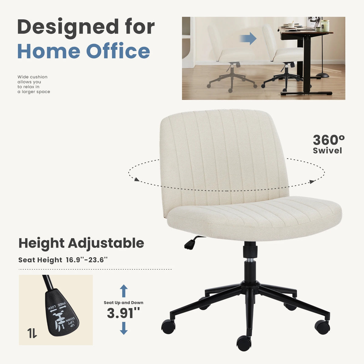 MCQ Armless With Wheel Ergonomic Gaming Office Chair with Adjustable Height 360° Swivel Gaming Racing Chair For Home Office