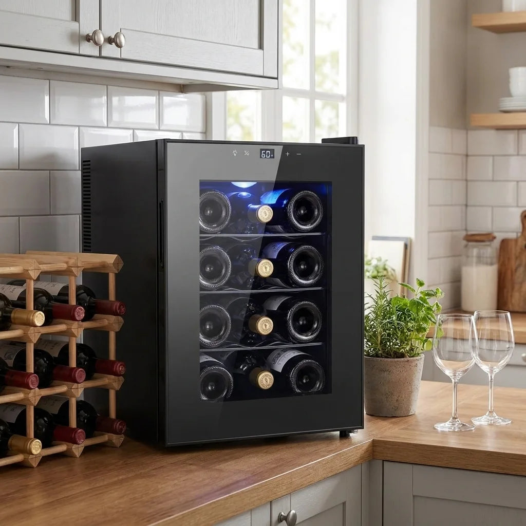 12 Bottle Thermoelectric Wine Cooler, 1.17Cu.ft Single Zone Wine Refrigerator, Digital Touch Control Wine Fridge for Home Bar