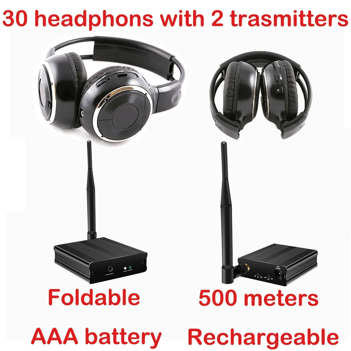 3 Channel Silent Disco Wireless Headphones Bundle with 500m Distance Transmitter for Entertainment Party