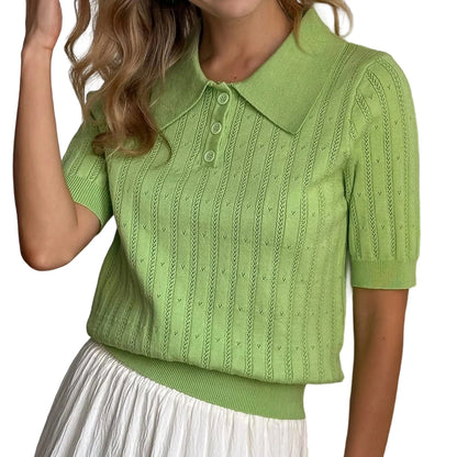 Elegant Women's Summer Hollow Out Knit Tops Short Sleeve Turn Down Collar Solid Color Cutout T-shirt