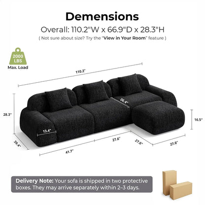 LumiPebble Black Boneless Couch with Ottoman, 110" Modern Deep Seat Sectional Sofa for Living Room, Modular, Customized