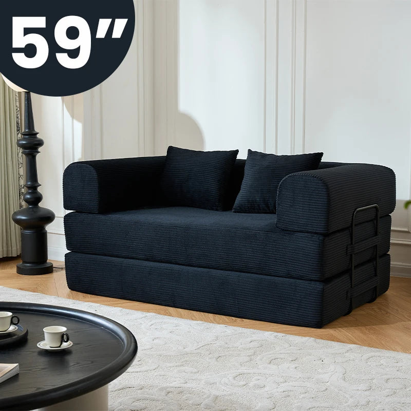 59" Boneless Folding Convertible Sofa Bed, Small 2-Seater Corduroy Futon Floor Couch with Pull Out Sleeper, No Assembly Boneless Loveseat for Living Room