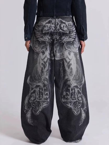 HOUZHOU Y2k Gothic Vintage Graphic Women Man Ripped Jeans Grunge Washed Wide Leg American Style Denim Trousers Baggy High Street