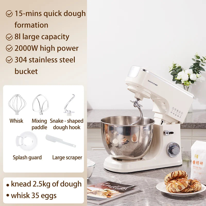 SUNATUR 8L Stand Mixer Machine 2000W Electric Kitchen Blender Household Auto Dough Kneading Egg Beating Cream All-in-One Mixer