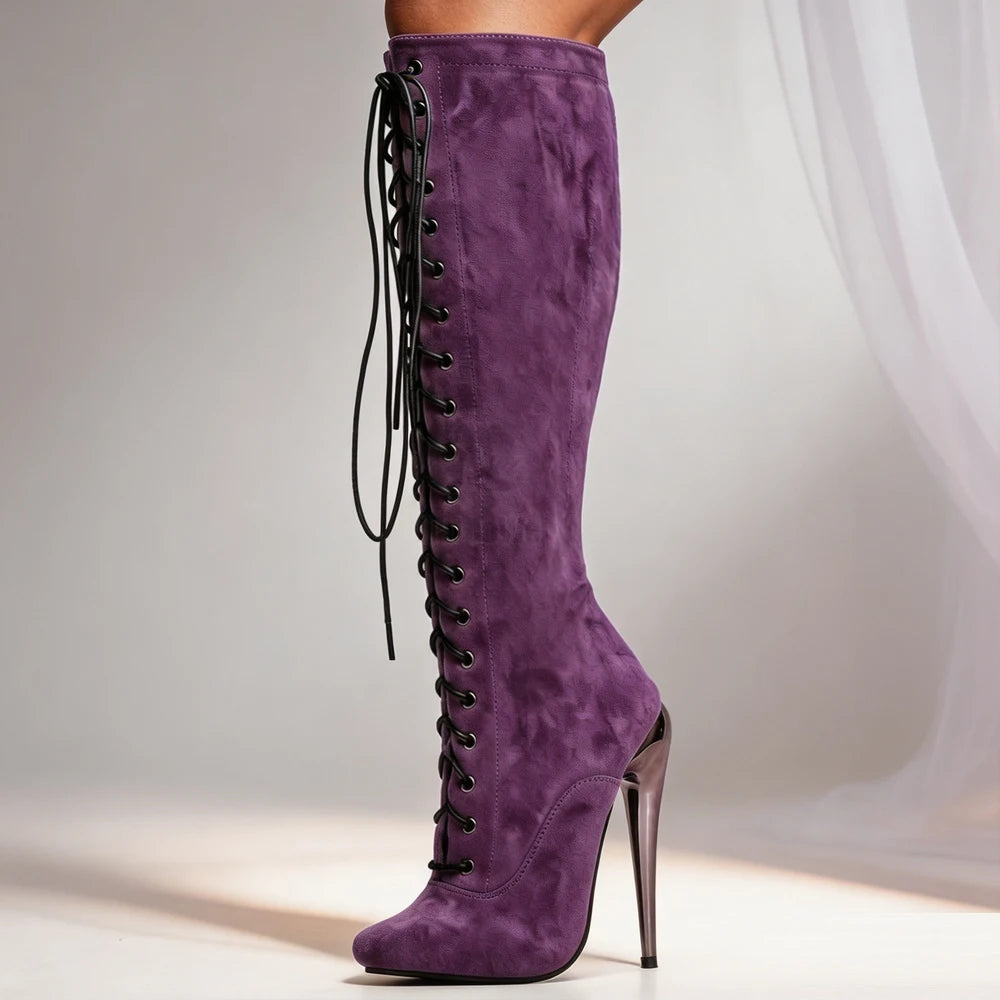 Unisex Purple Suede Lace-Up Knee High Boots 15cm/6" Stiletto Heel Sexy Nightclub Pole Dancing Cosplay Shoes Plus Size 36-46