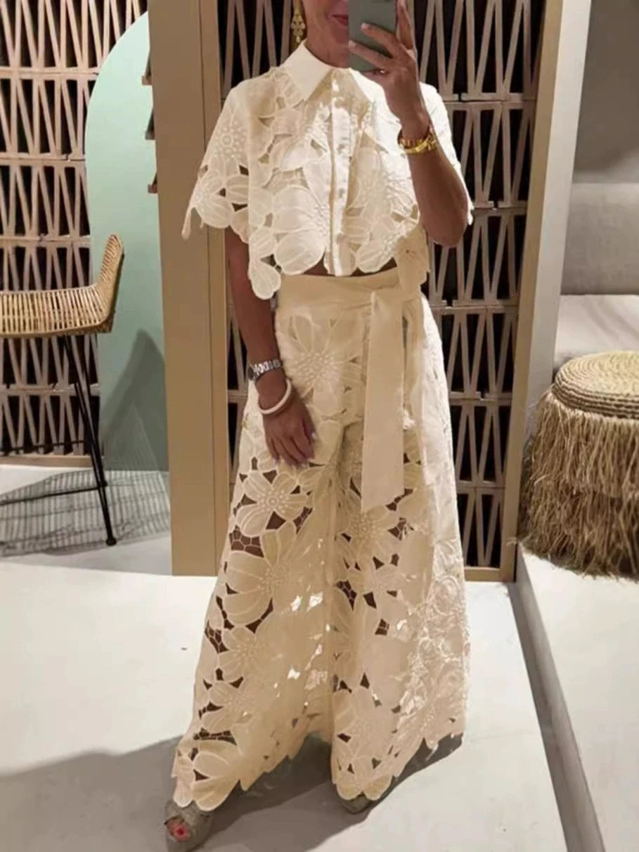 Women Set Short Sleeved Blouse Tops + Tie-up Pants Two Peics set Lace Outfit Embroidery 2025 New Retro Hollow Temperament Suit