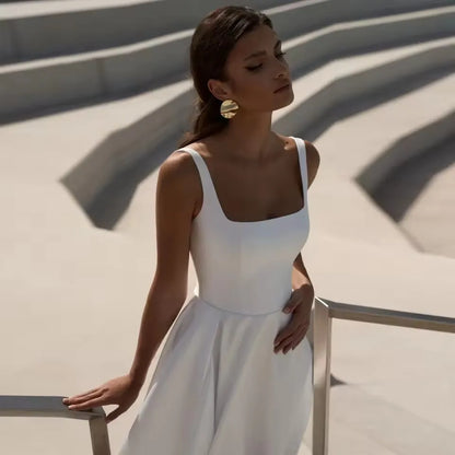 Customized Simple Square Wedding Dresses Sleeveless High Slit Half Open Back Bridal Growns A Line Satin Vestidos De Novia