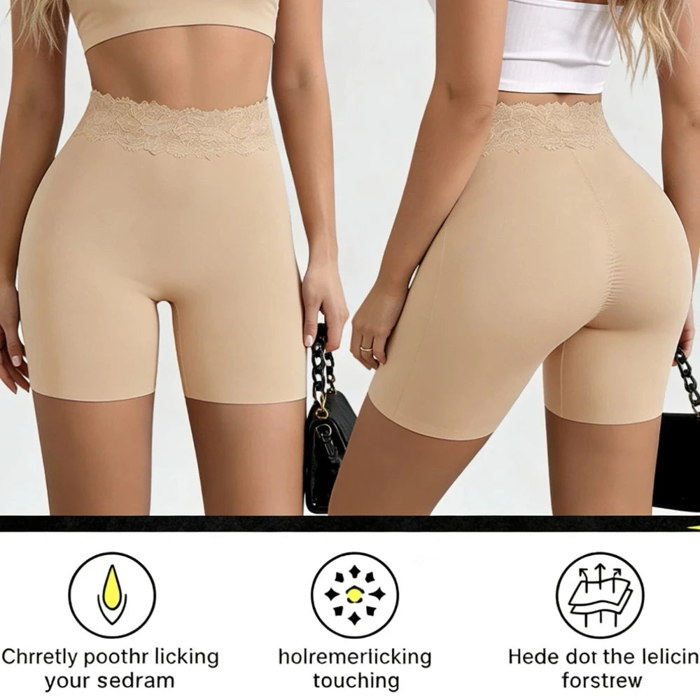 Giczi New Women's Lace Trim Panties Satin Seamless Safety Shorts Anti-Exposure Underwear Tummy Control Shaping Breathable Boxers