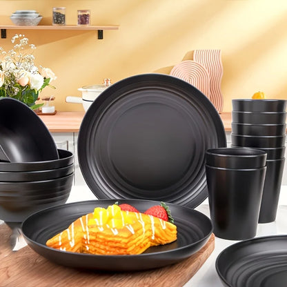 16-PC Unbreakable Plastic Dinnerware Set | Microwave & Dishwasher Safe Plates Bowls Cups | Heavy Duty Home/Commercial Use