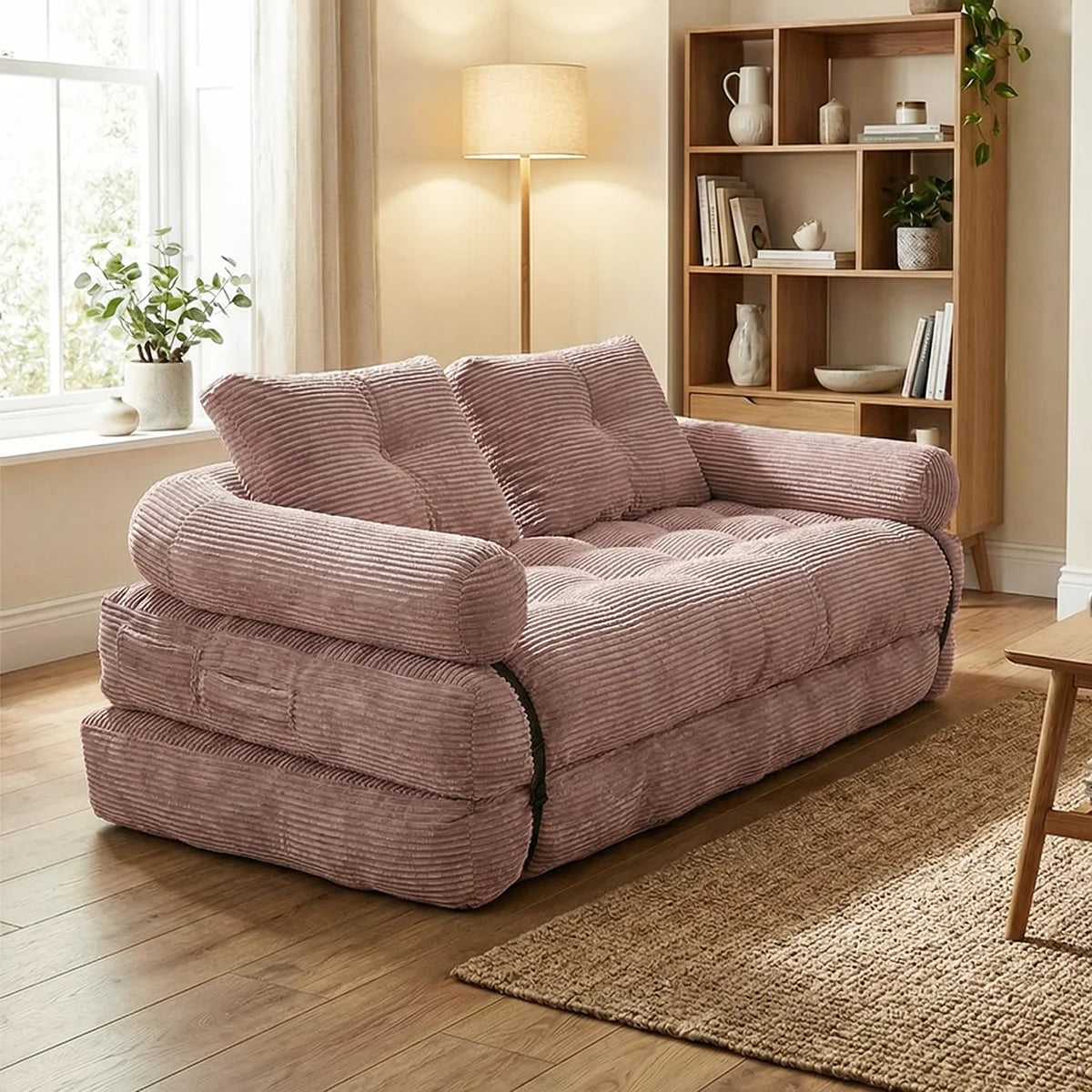 Modern Convertible Sofa Bed, 2-Seater Vacuum Packed Compressed Couch, Soft Memory Foam Floor Sofa for Small Space Living Room