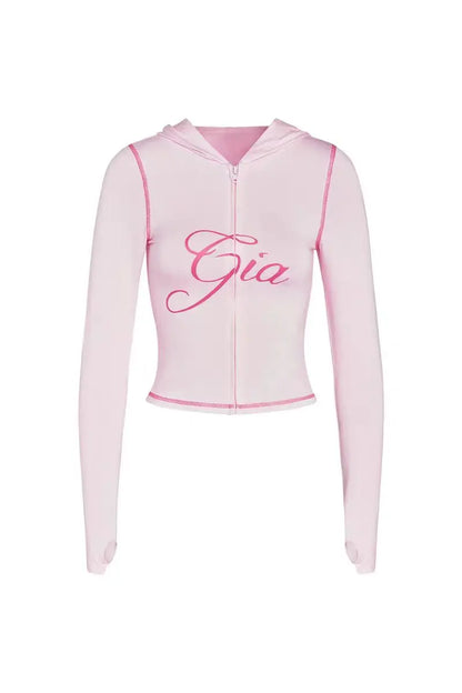 gia slim fit letter printed open thread design hooded zipper short jacket pants set