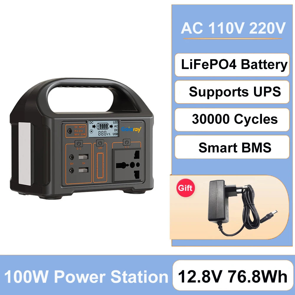 Gaiaray 100W 200W 300W 500W Portable Power Station Pure Sine Wave Solar Generator LiFePo4 Battery Power Plant For Camping Energy