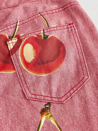Sweet Girl Style Cherry Print Wide Leg Jeans High Waist Slimming Straight Pants, Casual Fashion Denim Trousers for Women