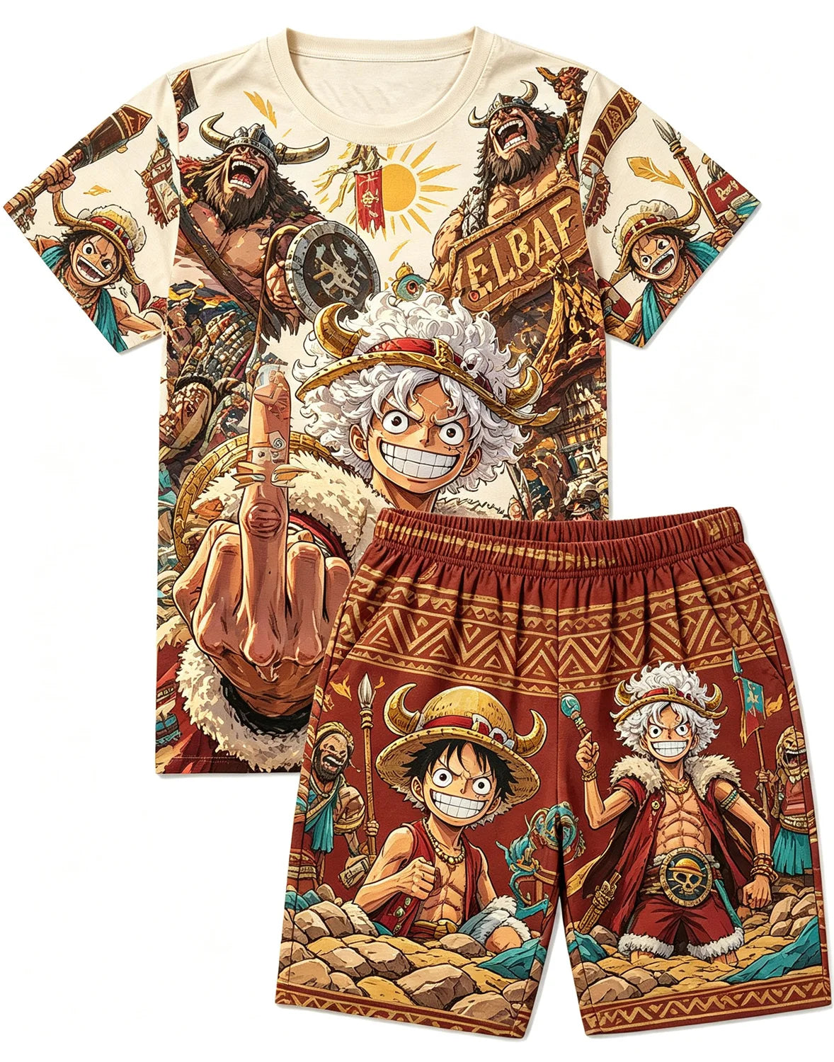 Bandai One Piece D Luffy Laugh Anime Print T-Shirt Drawstring Shorts