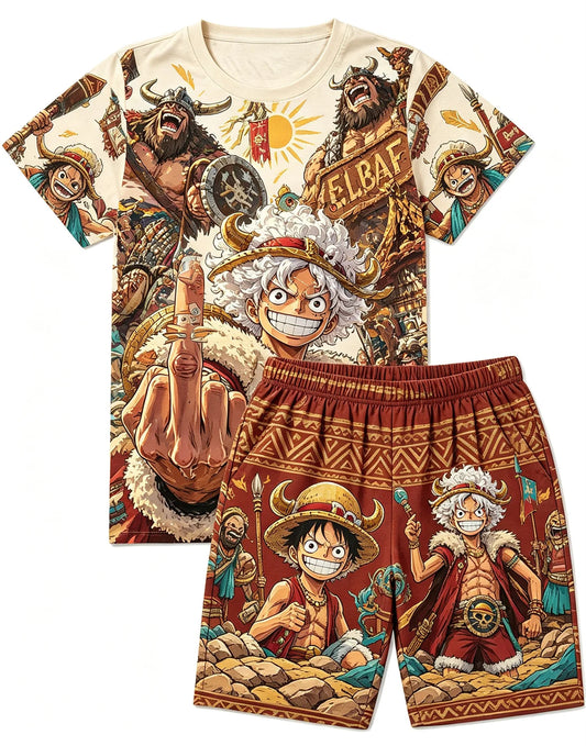 Bandai One Piece D Luffy Laugh Anime Print T-Shirt Drawstring Shorts