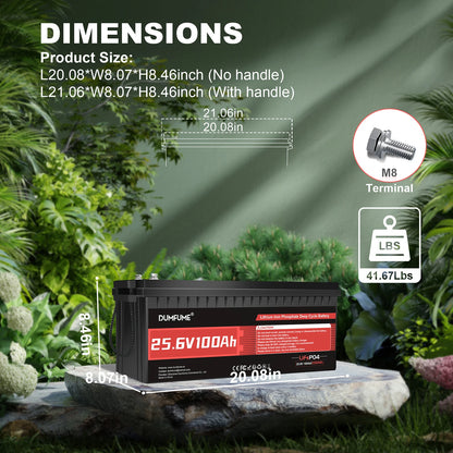 Dumfume 24V 100Ah LiFePO4 Lithium Battery With 100A BMS 2560W Power Output Solar Off-grid Systems Trolling Motor RV Home Backup