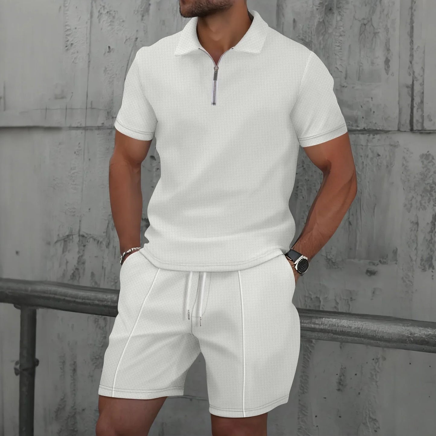 Men's Summer Waffle Short-Sleeve Suit Shorts Zip-Up Lapel Solid Color Two Sets Europe And US Style 2026