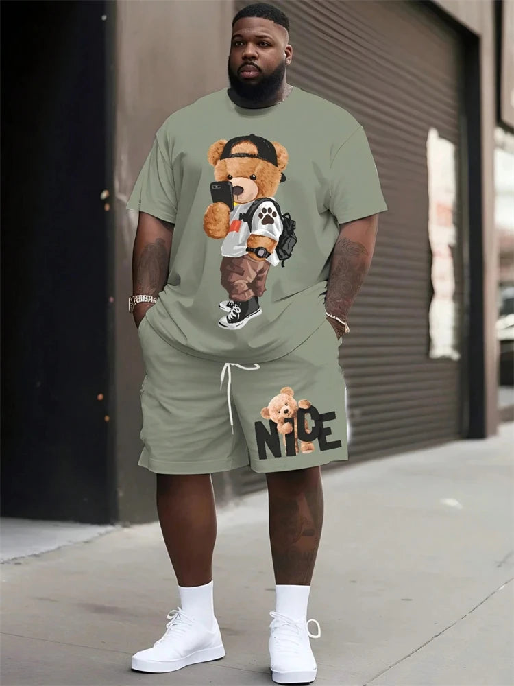 2026 Summer Men 2-Piece Set Fun Cartoon Bear Print Short-Sleeve T-Shirt and Shorts Set Sporty Style Plus Size Fashionable Outfit