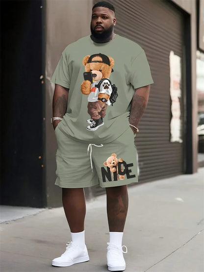2026 Summer Men 2-Piece Set Fun Cartoon Bear Print Short-Sleeve T-Shirt and Shorts Set Sporty Style Plus Size Fashionable Outfit