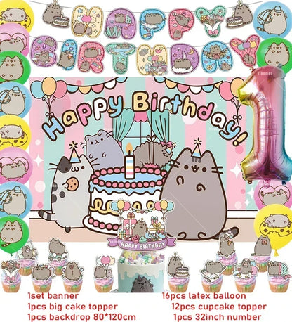 The Pusheen Cat Balloons Birthday Decoration Party Supplies Cartoon Grey Pet Fat Cat Theme Banner Backdrop Cake Topper Sticker