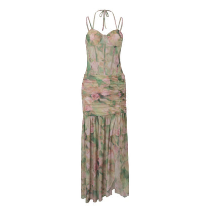 hirigin Women Sleeveless Corset Dress Y2K Floral Print Ruched Split Party Long Dress for Vacation Cocktail Beach Streetwear