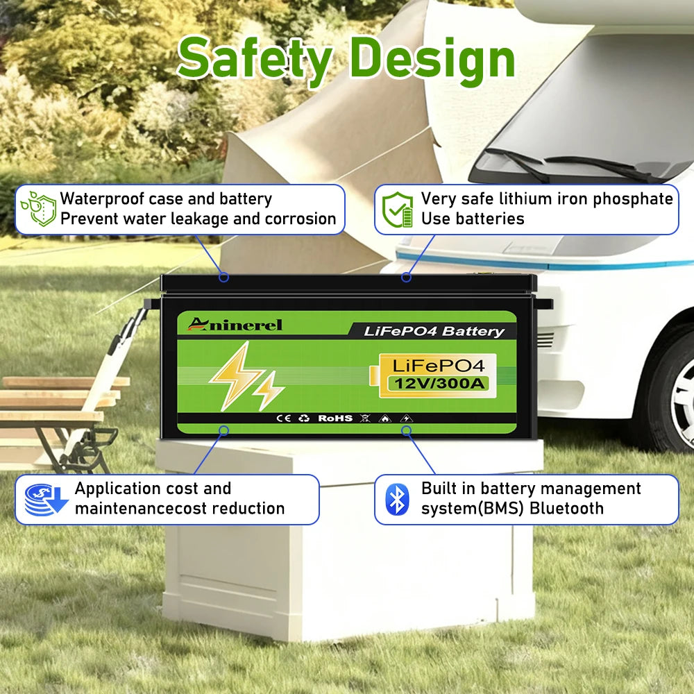 Aninerel 12V 300Ah LiFePO4 Solar Battery 3.84KWh Lithium Battery Pack IP65 waterproof rating Grade A Cells 6000+ Cycle For Home energy storage 12.8V-300AH