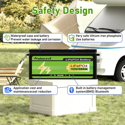 Aninerel 12V 300Ah LiFePO4 Solar Battery 3.84KWh Lithium Battery Pack IP65 waterproof rating Grade A Cells 6000+ Cycle For Home energy storage 12.8V-300AH