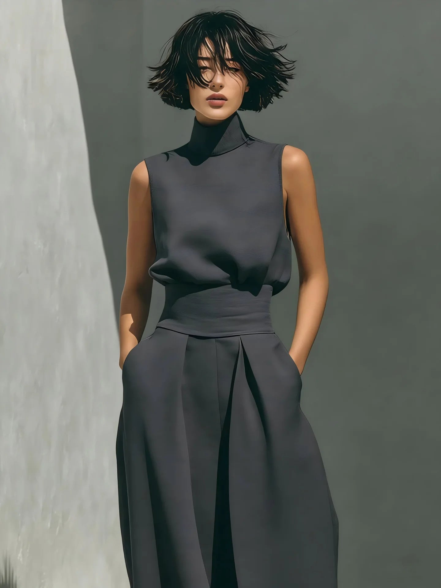Women's Elegant Commuting Two-piece 2026 Fashionable High Neck Sleeveless Top Paired With Casual High Waisted Wide Leg Pants Set