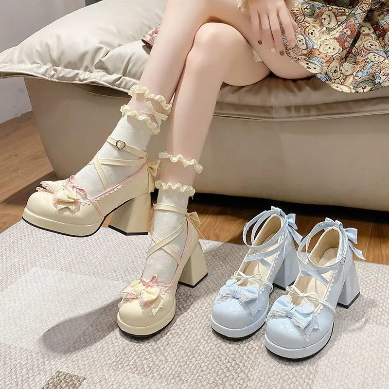 Lolita Shoes Women High Heels Shoes Woman Chunky Sandals Summer Mary Janes PU Leather Shoes Retro Bow Party Platform Pumps