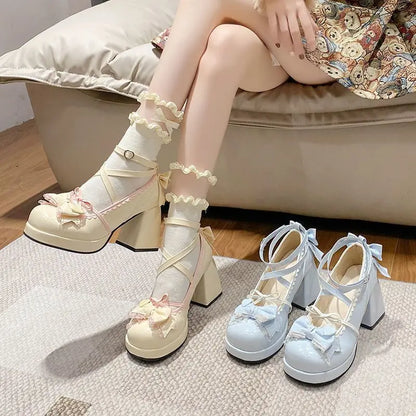 Lolita Shoes Women High Heels Shoes Woman Chunky Sandals Summer Mary Janes PU Leather Shoes Retro Bow Party Platform Pumps