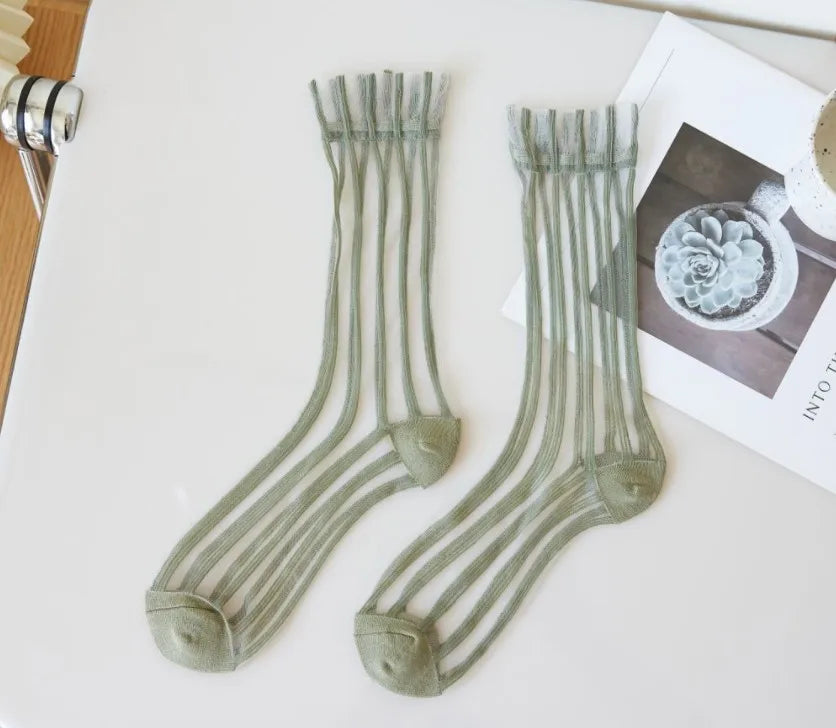 Transparent Crystal Silk Socks Women Fashion Ultra-thin Summer Harajuku Crew Socks Flower Streetwear Elastic Long Mesh Socks