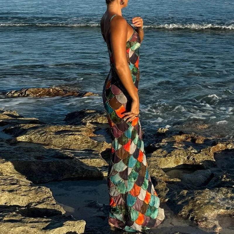 Sexy Bodycon Backless Halter Dress Elegant Colorful Block Full Length Evening Dress Fashion 2025 Slim Off Shoulder Party Dress
