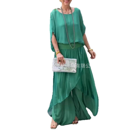 2025 Summer Fashion Women's Solid Color Casual Trendy Loose 2 Piece Chiffon Sets O-neck Short Sleeve T-shirts Wide Leg Trousers
