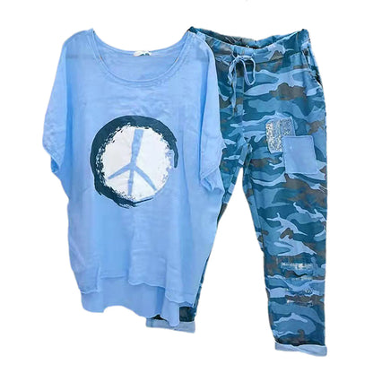 Womens Two Piece Camouflage Set Summer Outfits for Women Cotton Linen Suit 2023 Casual Print Short Sleeve Harajuku