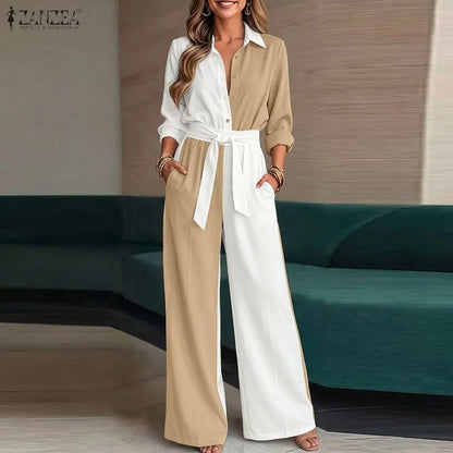 Fashion Women Matching Sets ZANZEA Autumn Long Sleeve Shirt Belted Wide Leg Pant Sets 2 Piece Chic Color-Blocking Office Outfits
