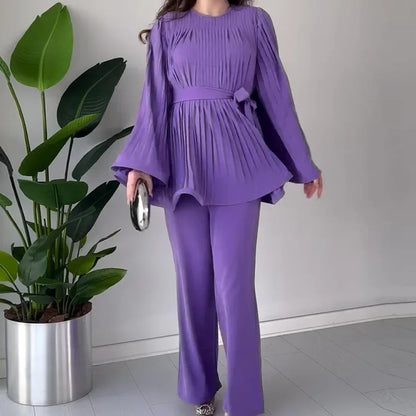 Women's New Autumn Two-piece Set Round Neck Bat-sleeved Pleated Big Swing Frenum Top Temperament Elegant Loose Straight Pants